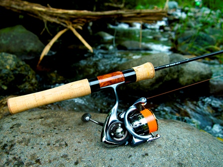 Catches a fish. sport fishing. Fishing with spinning reel